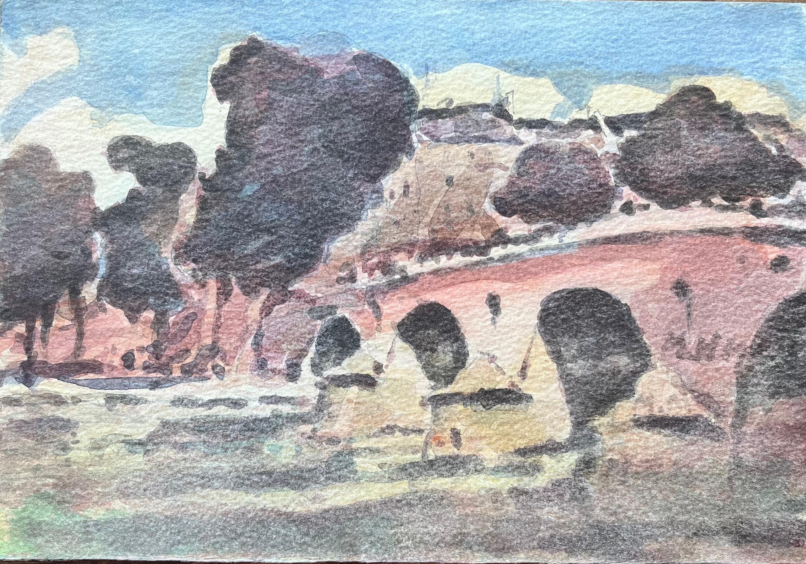 Aquarelle impressionniste française représentant une scène de pont parisien avec des arbres et une rive