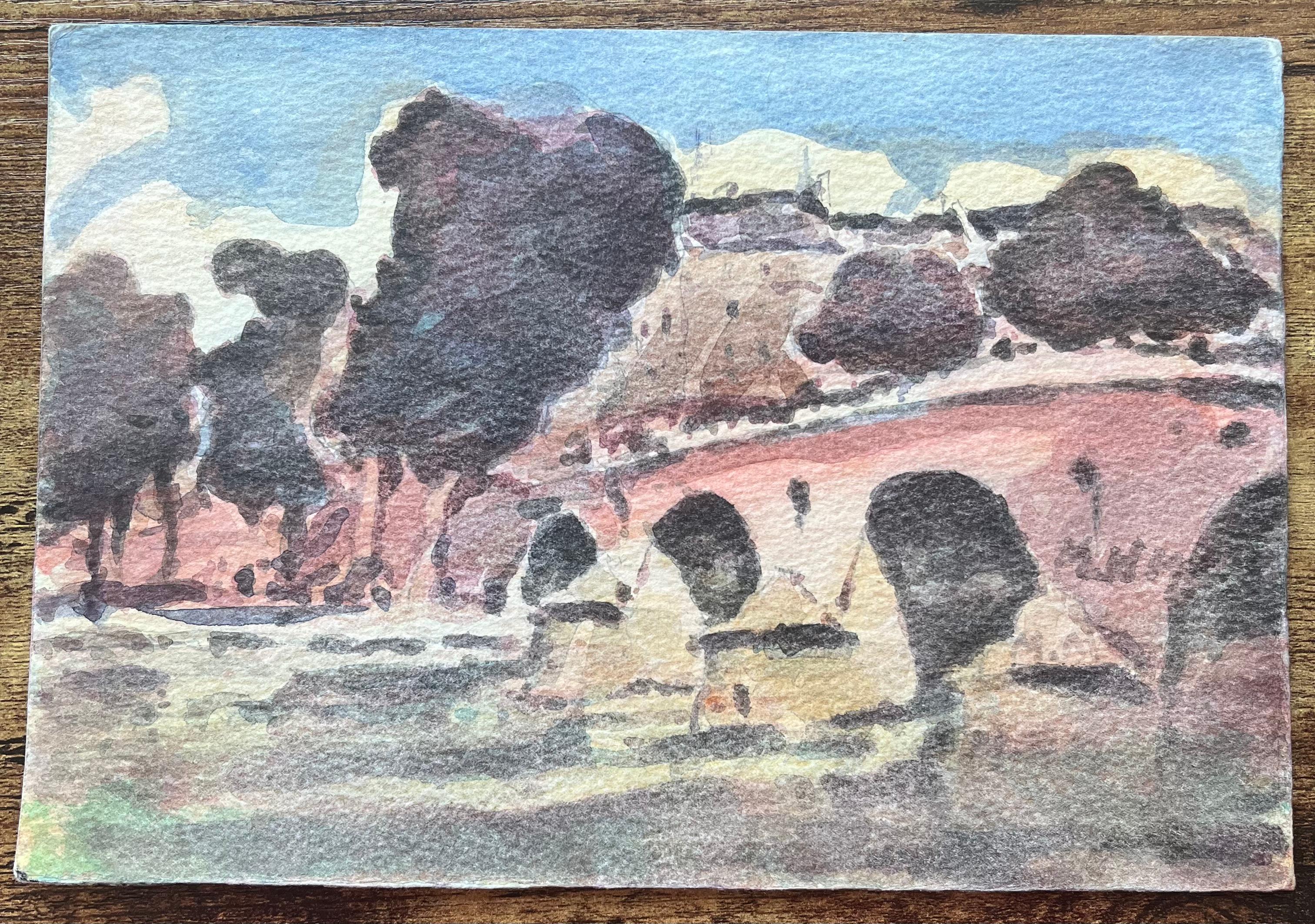 Aquarelle impressionniste française représentant une scène de pont parisien avec des arbres et une rive - Impressionnisme Art par Maurice Mazeilie
