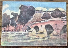 Aquarelle impressionniste française représentant une scène de pont parisien avec des arbres et une rive