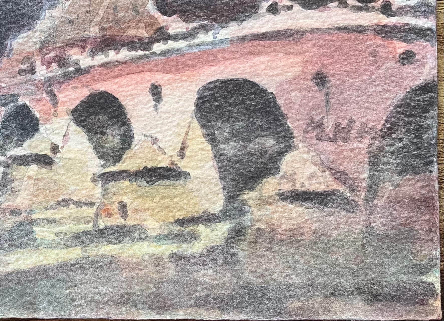 Aquarelle impressionniste française représentant une scène de pont parisien avec des arbres et une rive en vente 1