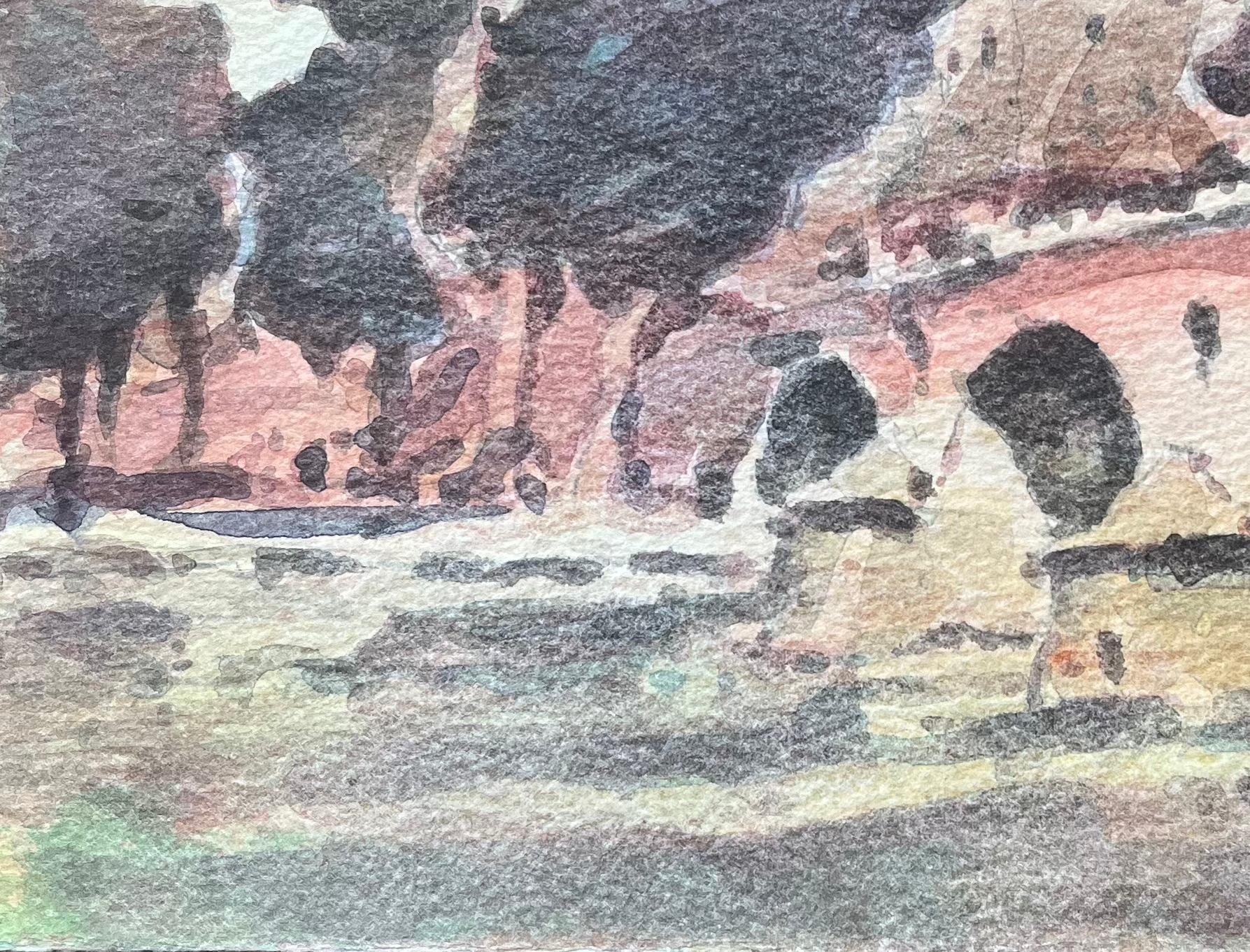 Aquarelle impressionniste française représentant une scène de pont parisien avec des arbres et une rive en vente 2