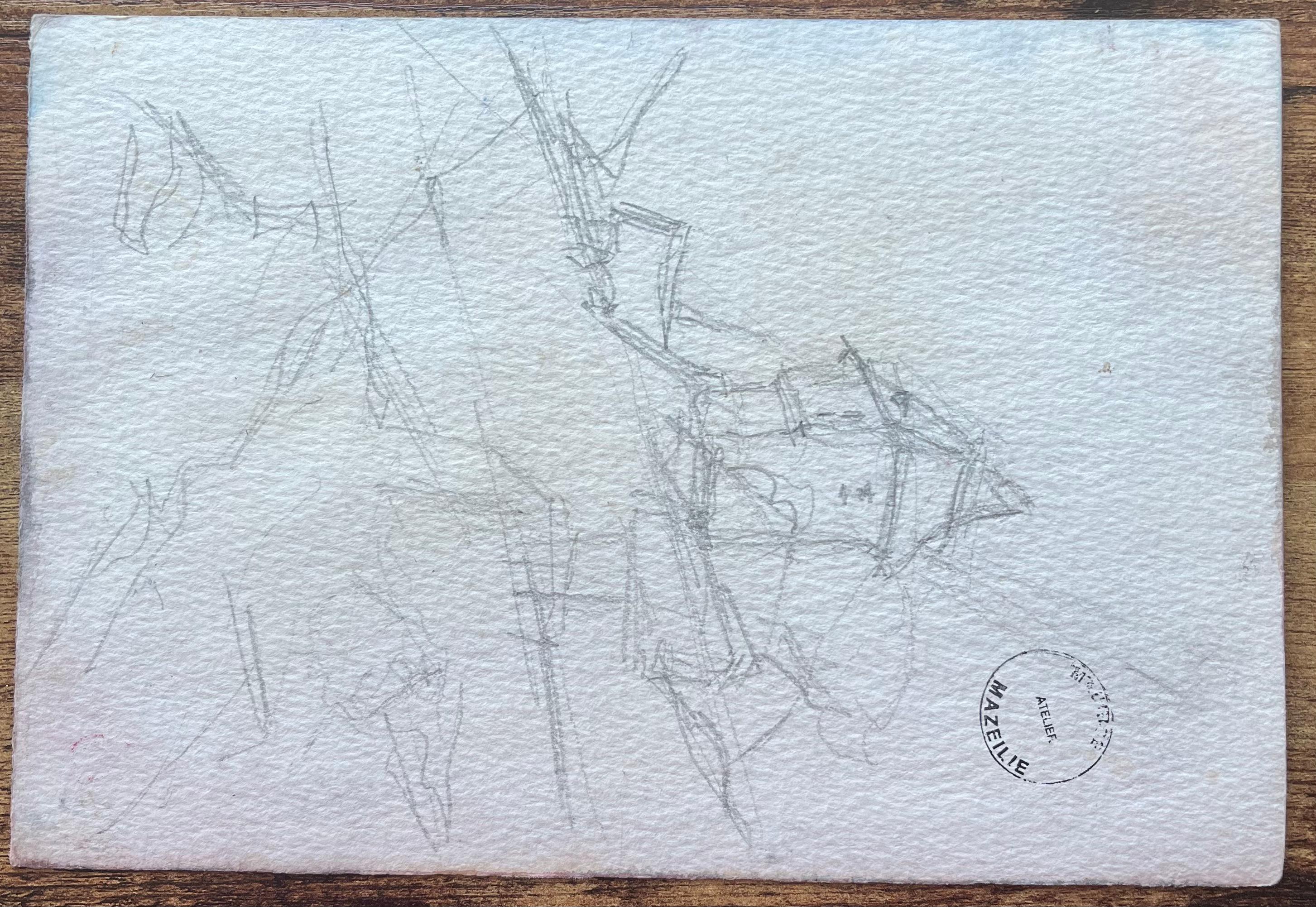 Aquarelle impressionniste française représentant une scène de pont parisien avec des arbres et une rive en vente 3
