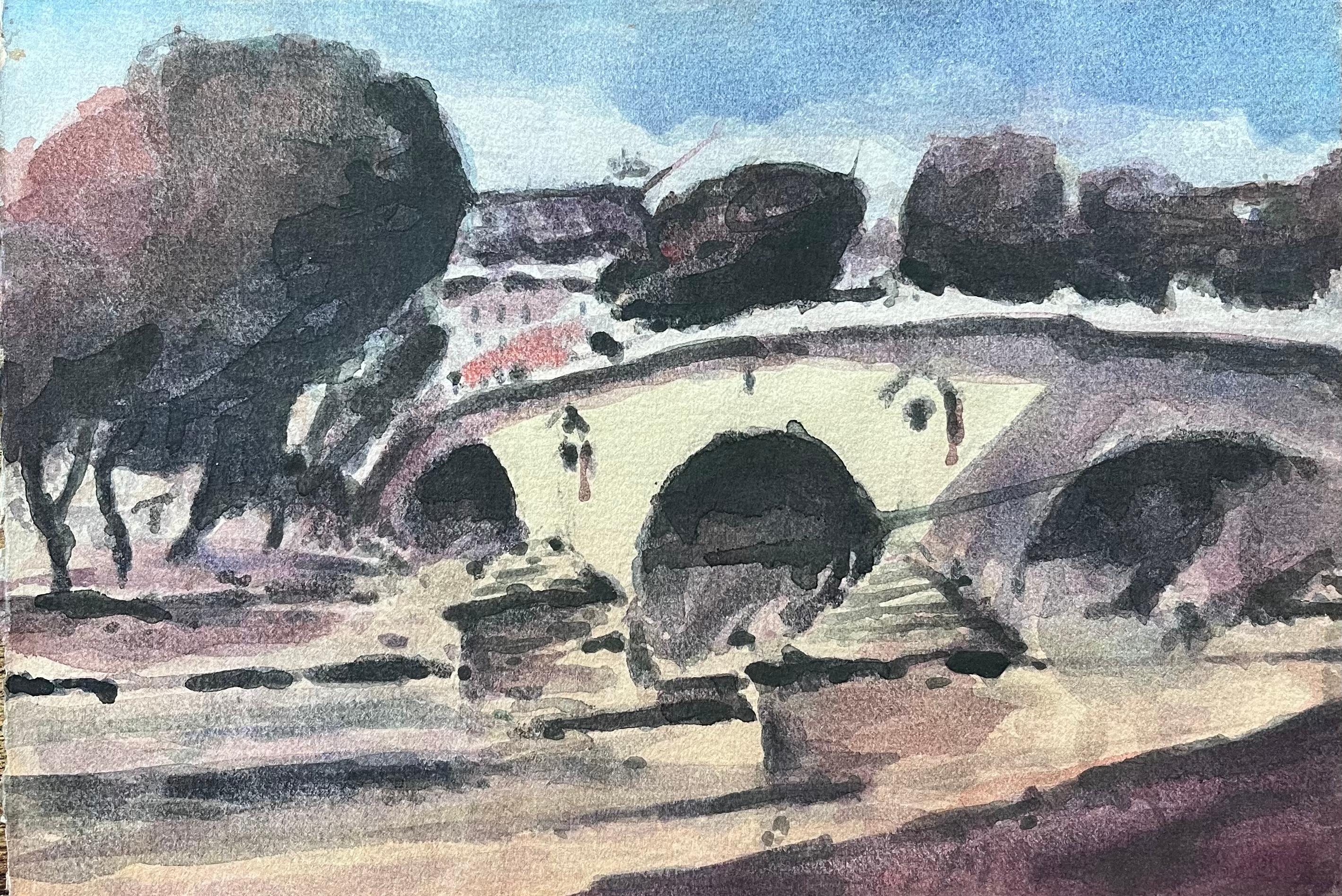 French Impressionist Watercolor of Parisian Bridge with Trees and Riverbank