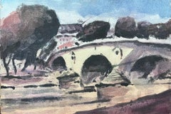 Aquarelle impressionniste française représentant un pont parisien avec des arbres et une rive