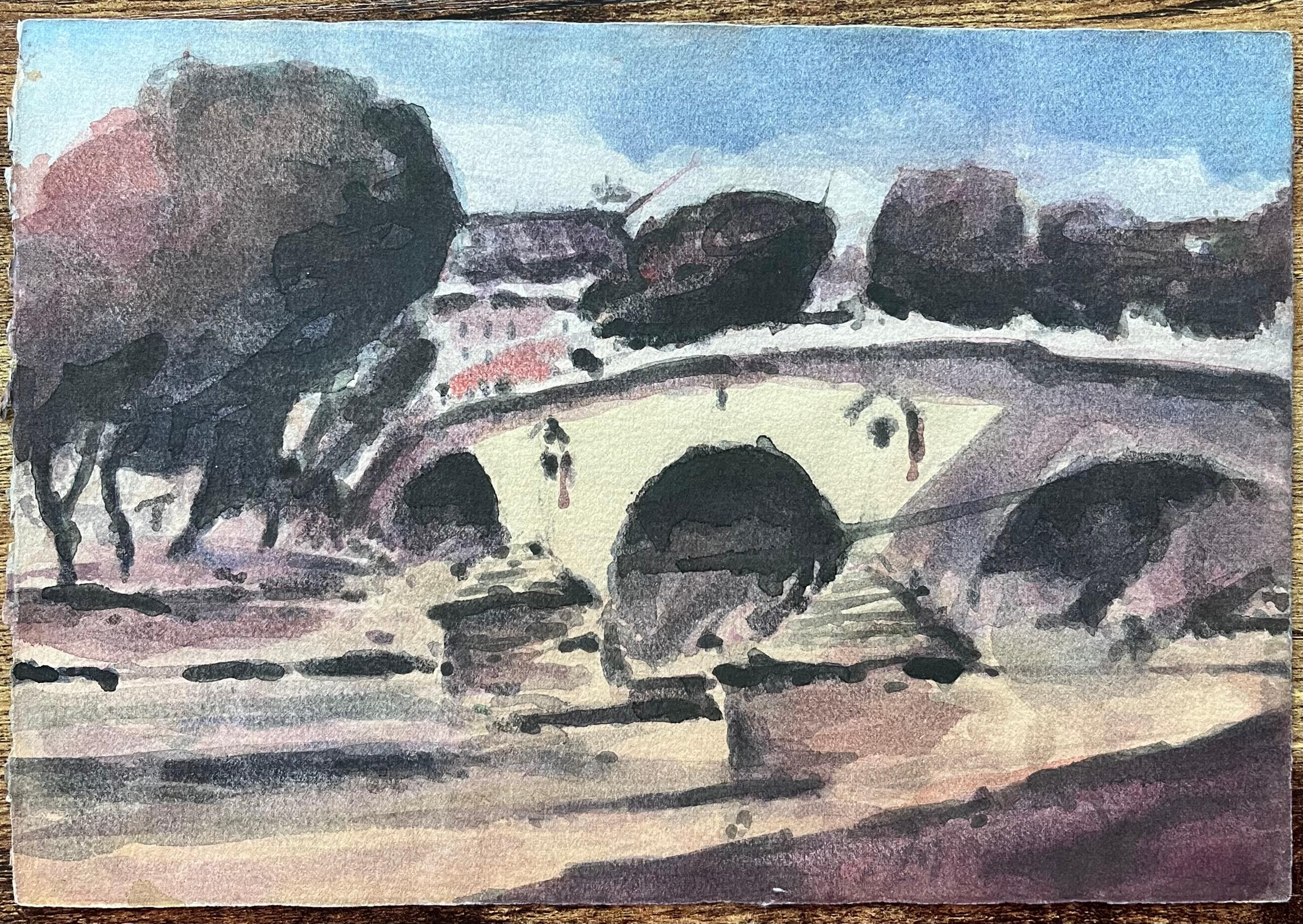 Aquarelle impressionniste française représentant un pont parisien avec des arbres et une rive - Impressionnisme Art par Maurice Mazeilie