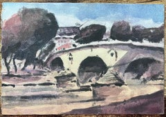French Impressionist Watercolor of Parisian Bridge with Trees and Riverbank