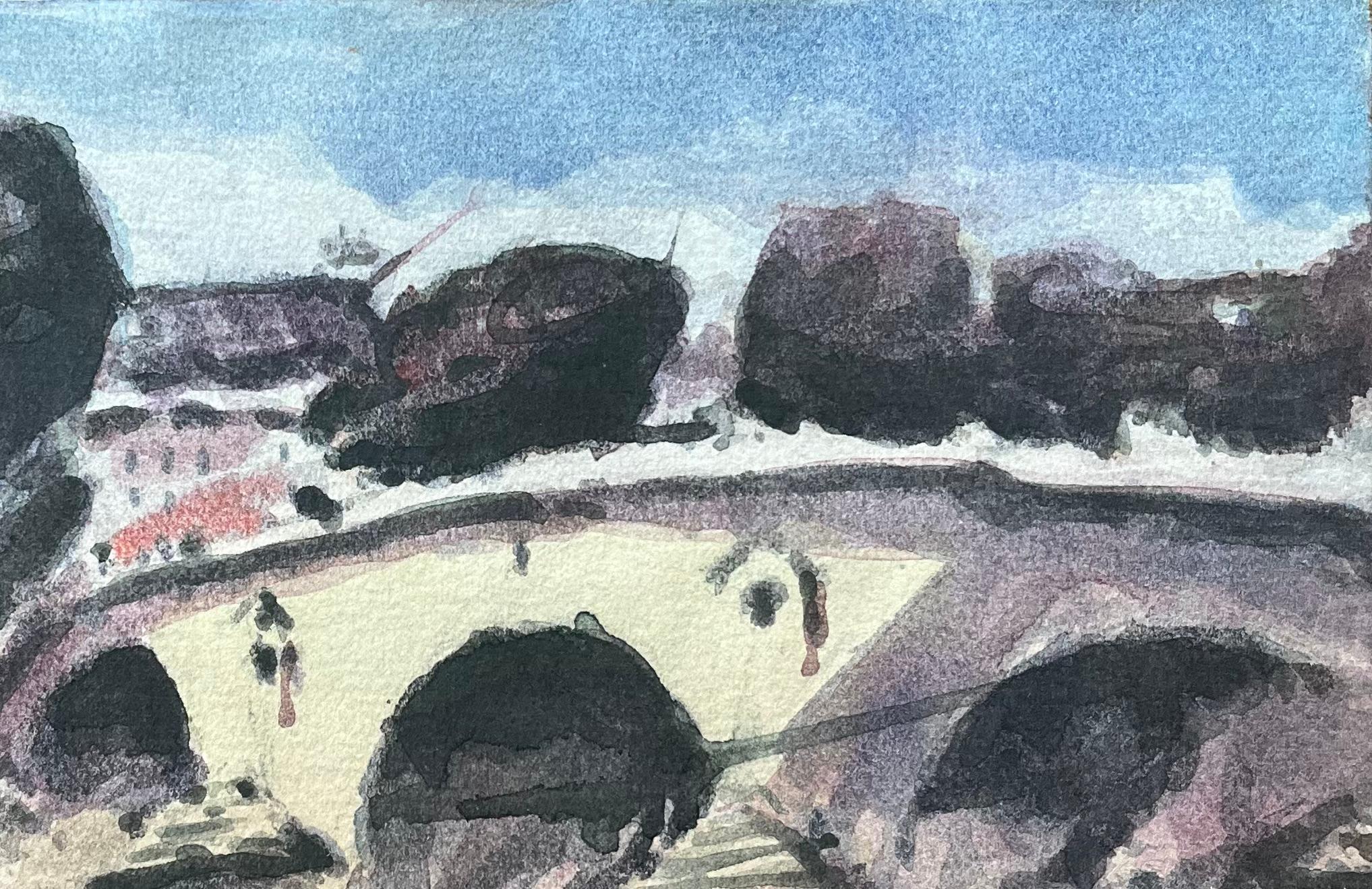 Titre : Aquarelle impressionniste française d'un pont parisien avec arbres et berge
Par Maurice Mazeilie (français 1924-2021)
Moyen d'expression : Aquarelle sur papier, non encadrée
Taille : 8 x 11 pouces (hauteur x largeur)
Estampillé :