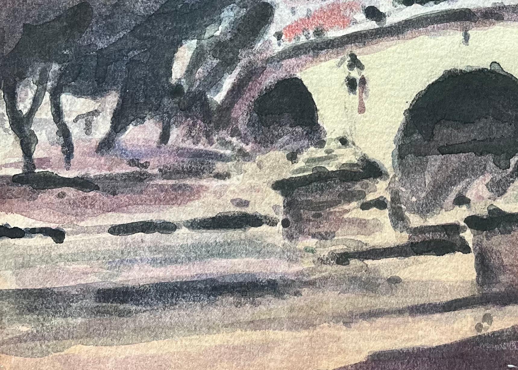 Aquarelle impressionniste française représentant un pont parisien avec des arbres et une rive en vente 2