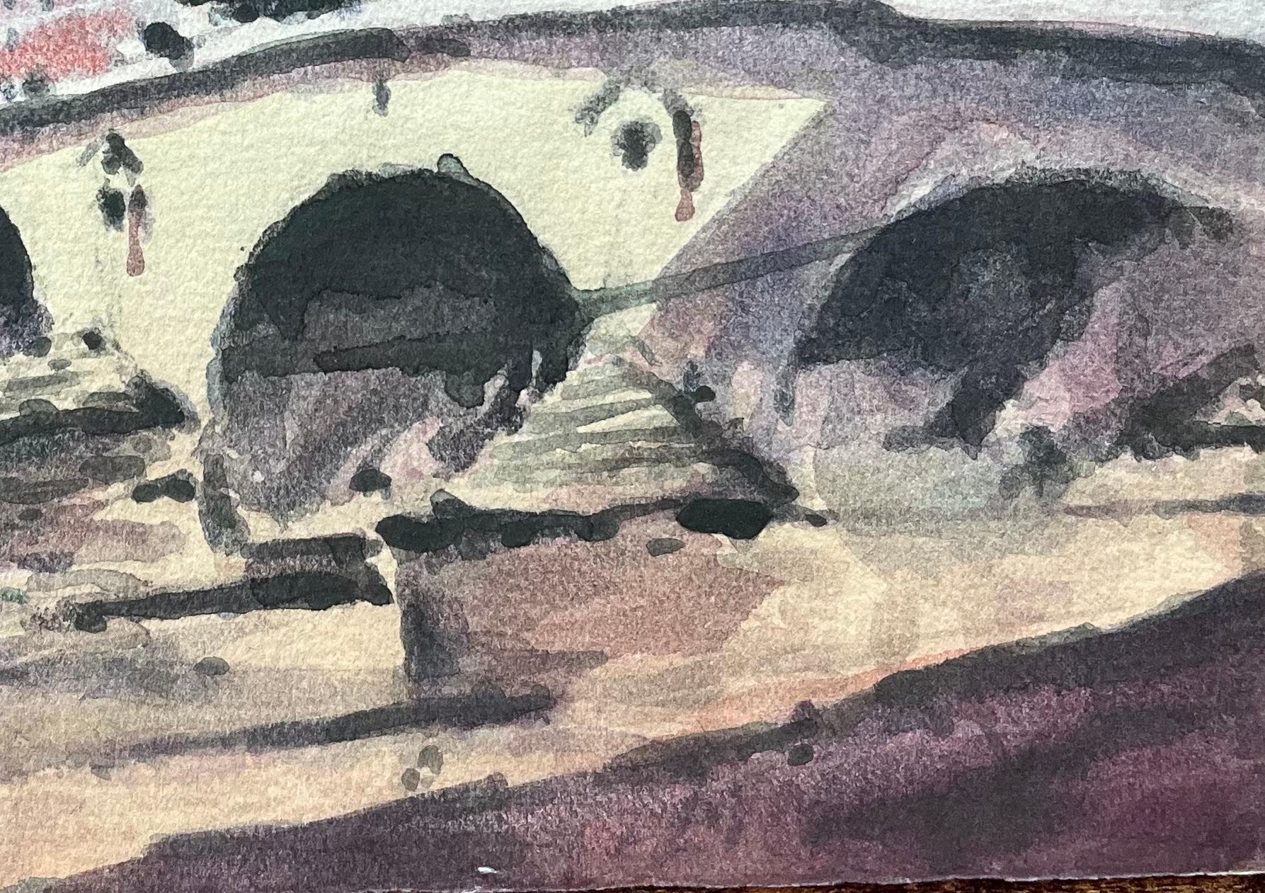 Aquarelle impressionniste française représentant un pont parisien avec des arbres et une rive en vente 1