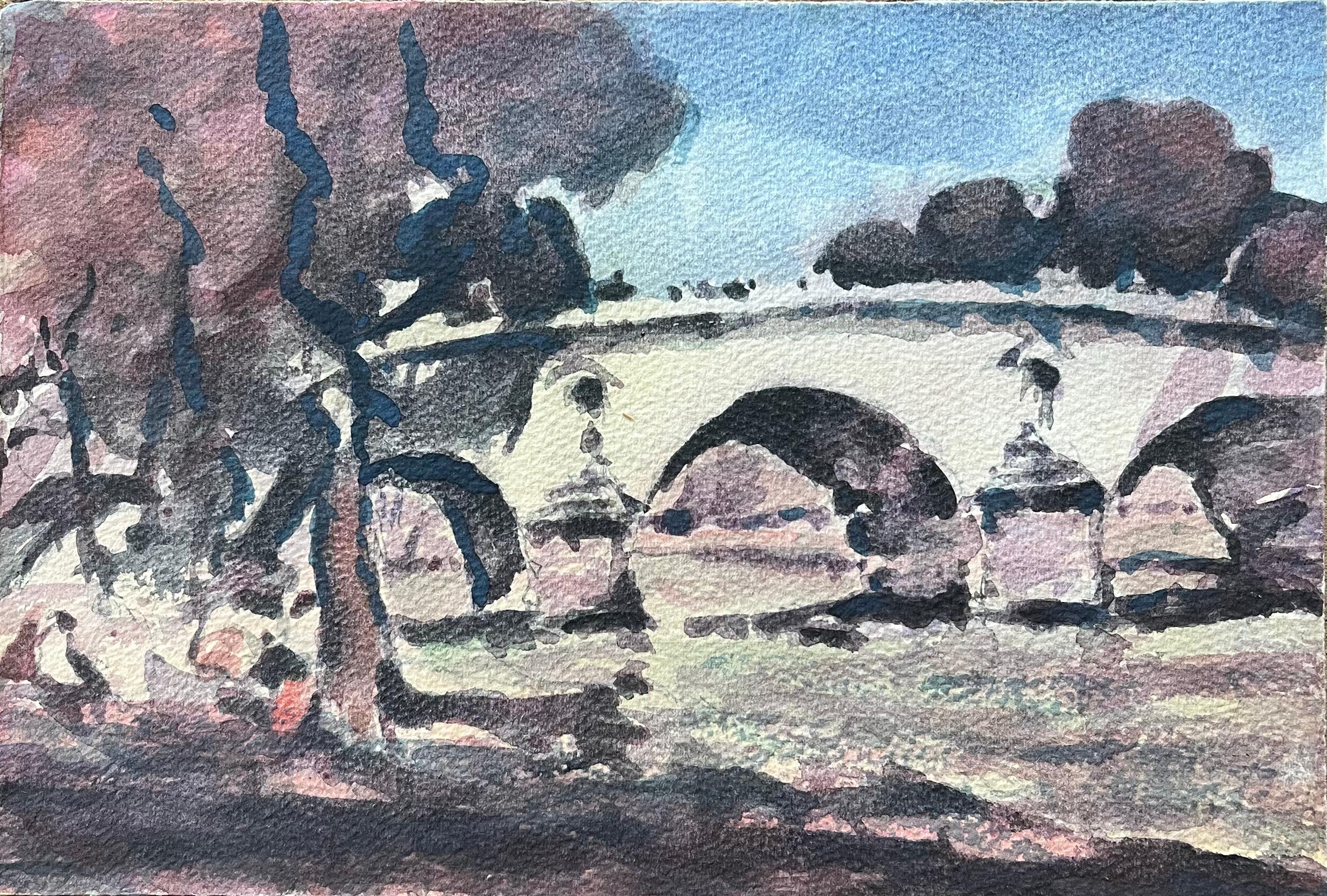 Aquarelle impressionniste française représentant un pont parisien avec des arbres et une rive