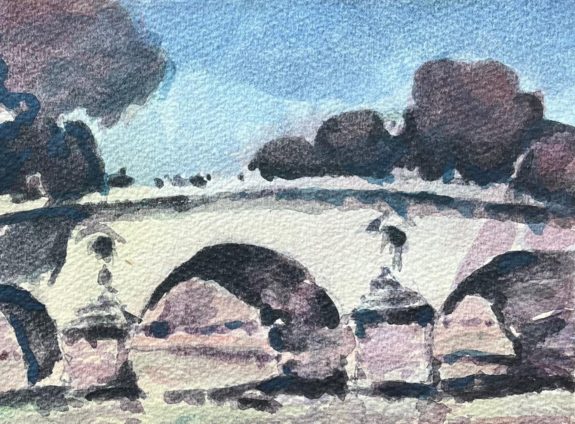 Titre : Aquarelle impressionniste française d'un pont parisien avec arbres et berge
Par Maurice Mazeilie (français 1924-2021)
Moyen d'expression : Aquarelle sur papier, non encadrée
Taille : 8 x 11 pouces (hauteur x largeur)
Estampillé :