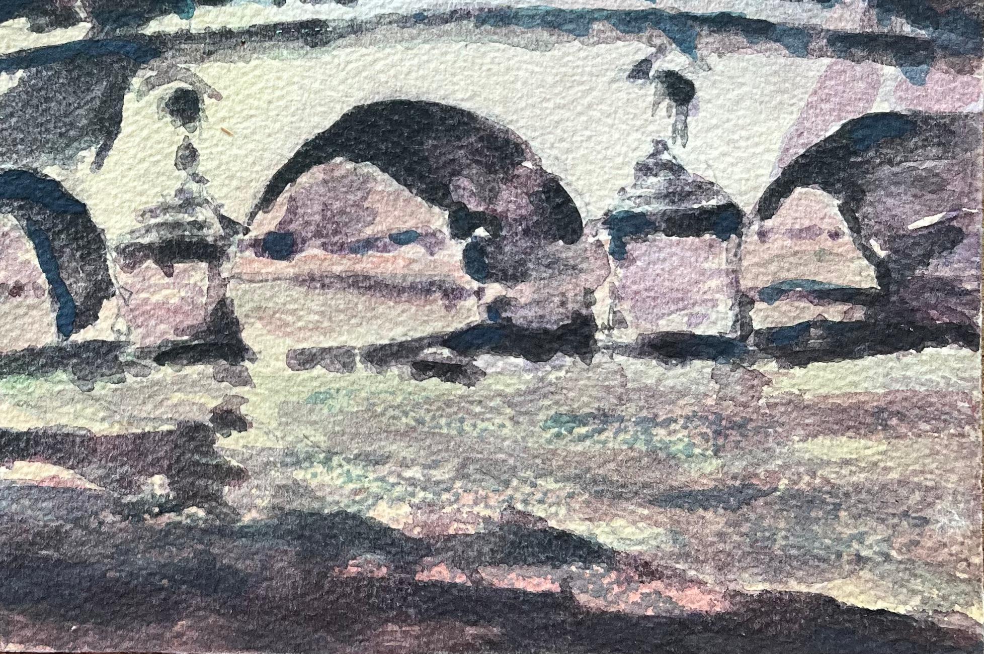 Aquarelle impressionniste française représentant un pont parisien avec des arbres et une rive en vente 1