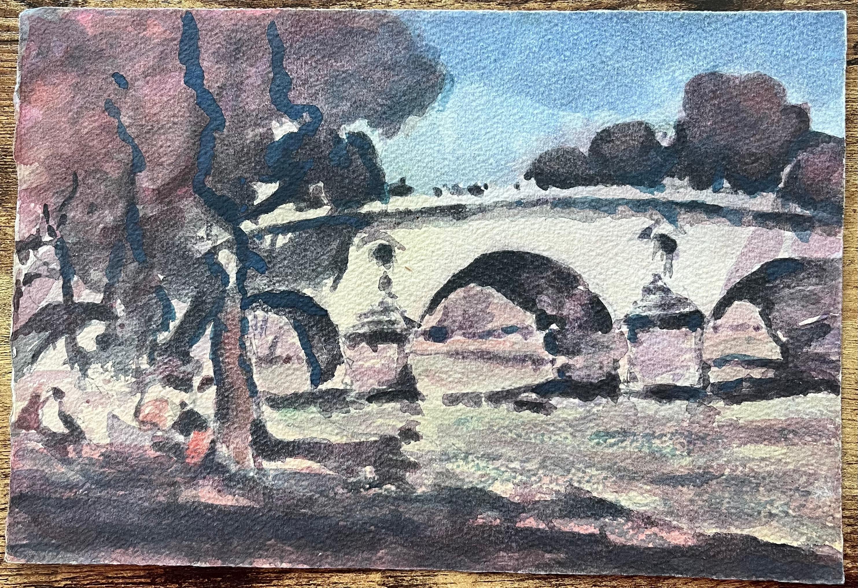 Aquarelle impressionniste française représentant un pont parisien avec des arbres et une rive - Impressionnisme Art par Maurice Mazeilie