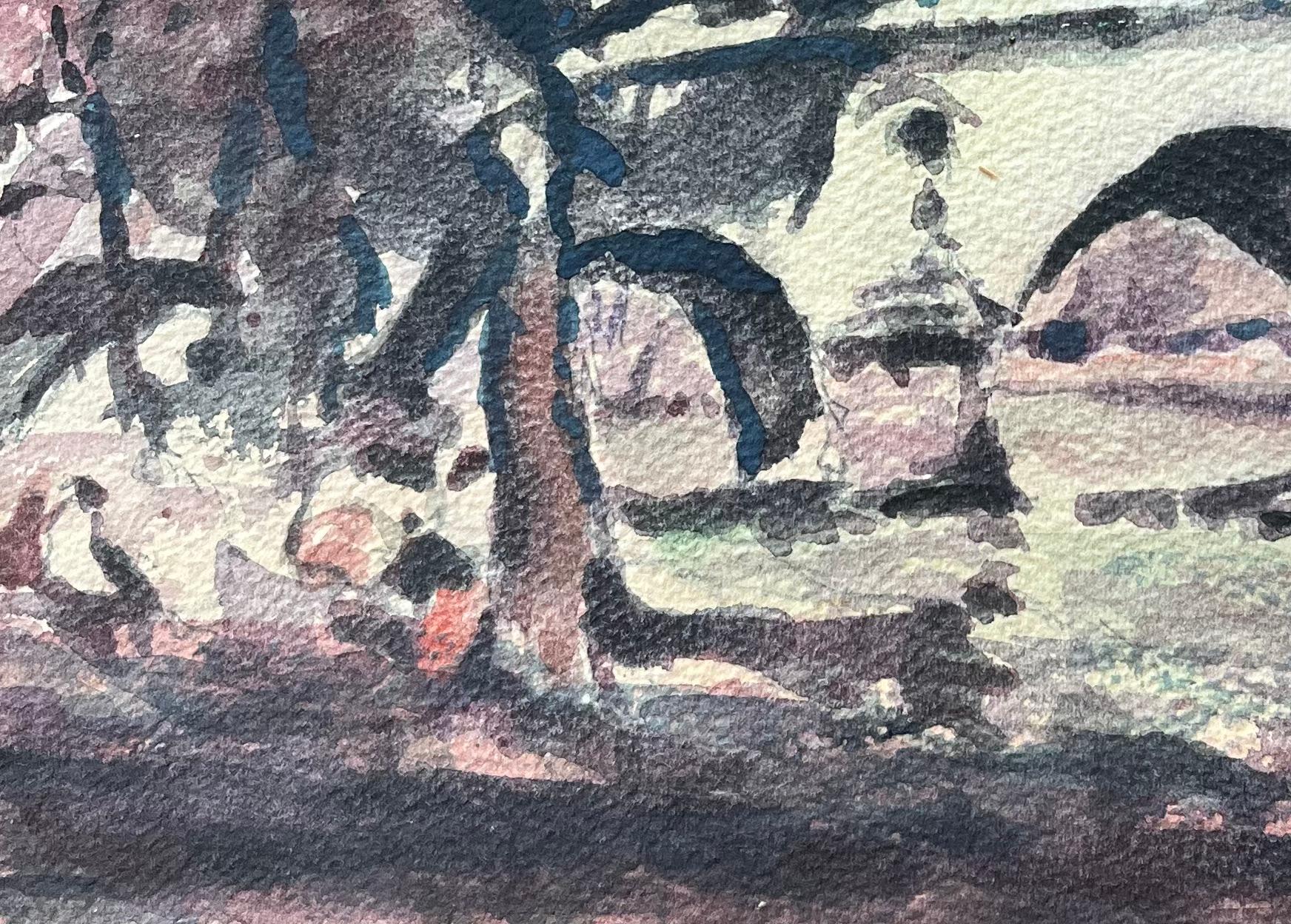 Aquarelle impressionniste française représentant un pont parisien avec des arbres et une rive en vente 2