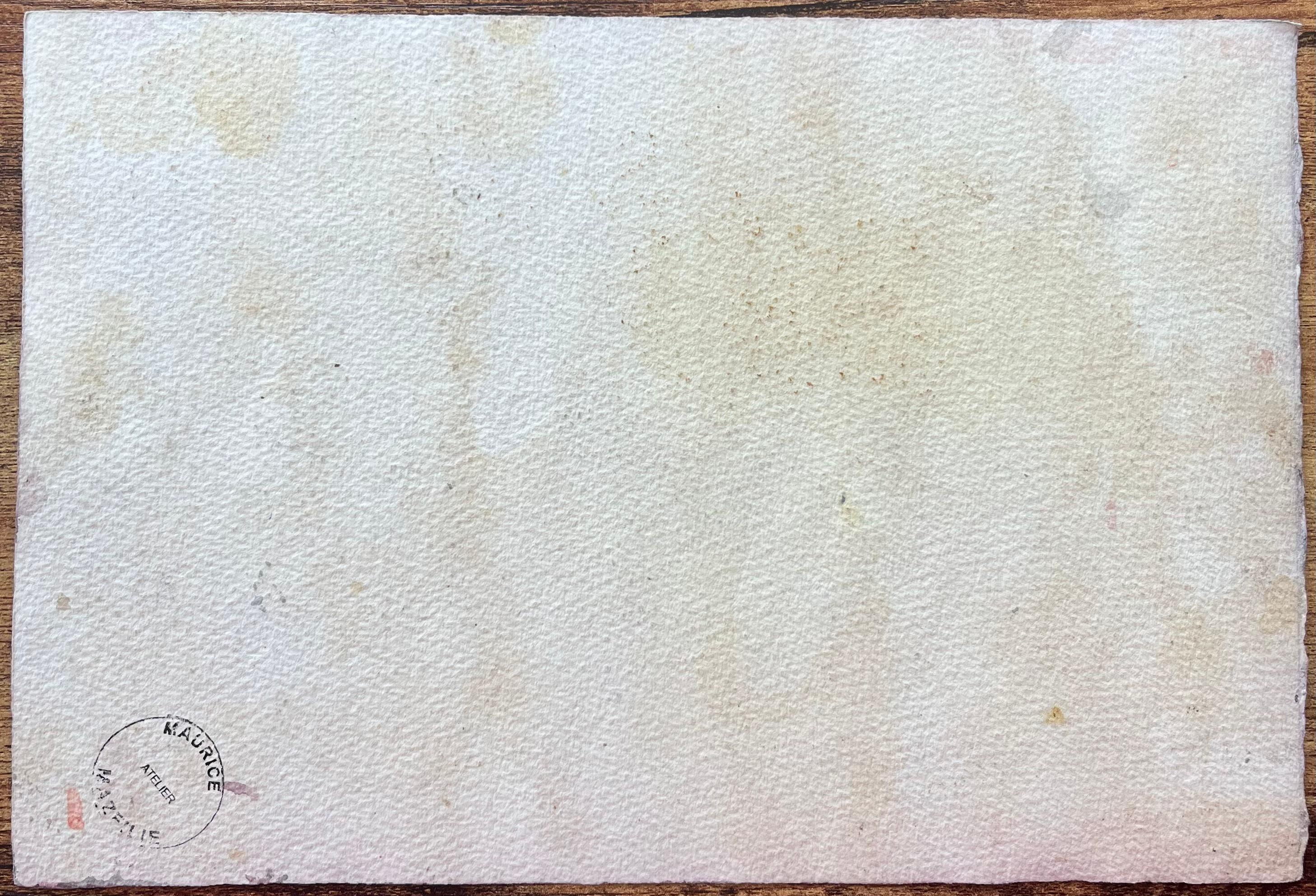 Aquarelle impressionniste française représentant un pont parisien avec des arbres et une rive en vente 3