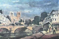 French Impressionist Watercolor of Cathédrale Notre-Dame de Paris with Bridge