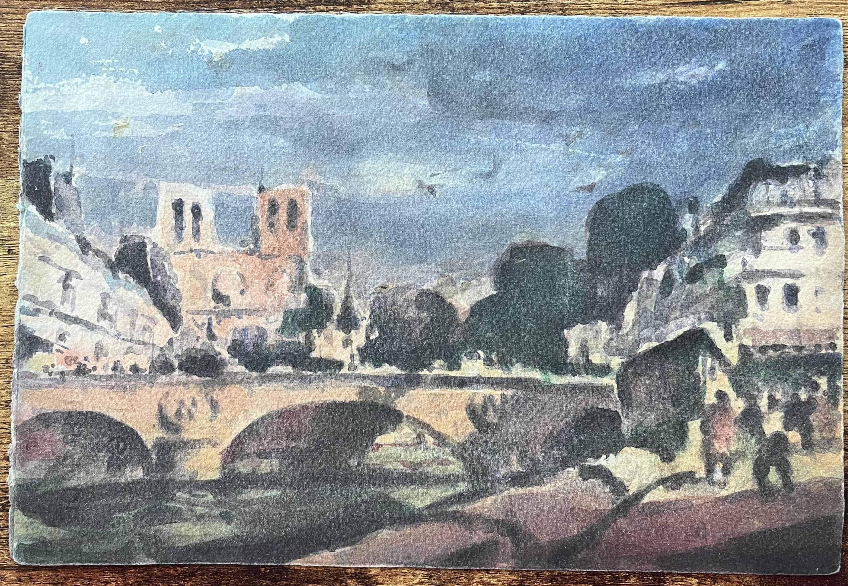 Acquerello impressionista francese della Cattedrale di Notre-Dame di Parigi con ponte - Art Impressionismo di Maurice Mazeilie