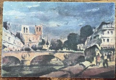 French Impressionist Watercolor of Cathédrale Notre-Dame de Paris with Bridge
