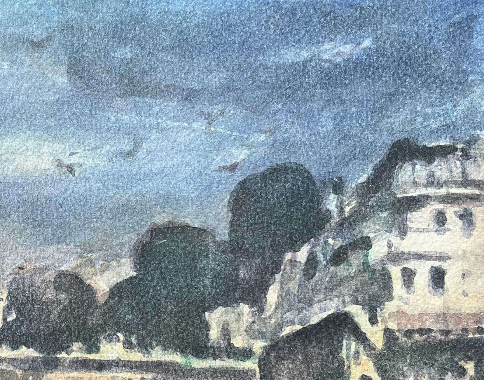Acquerello impressionista francese della Cattedrale di Notre-Dame di Parigi con ponte in vendita 1