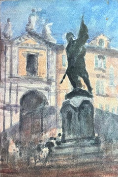 Aquarelle impressionniste française représentant un monument parisien et un bâtiment classique