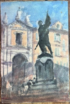 French Impressionist Watercolor of Parisian Monument and Classical Building