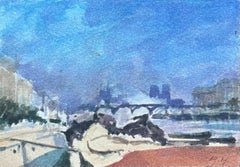 Aquarelle impressionniste française d'une bordure de rivière parisienne avec pont et ligne d'horizon