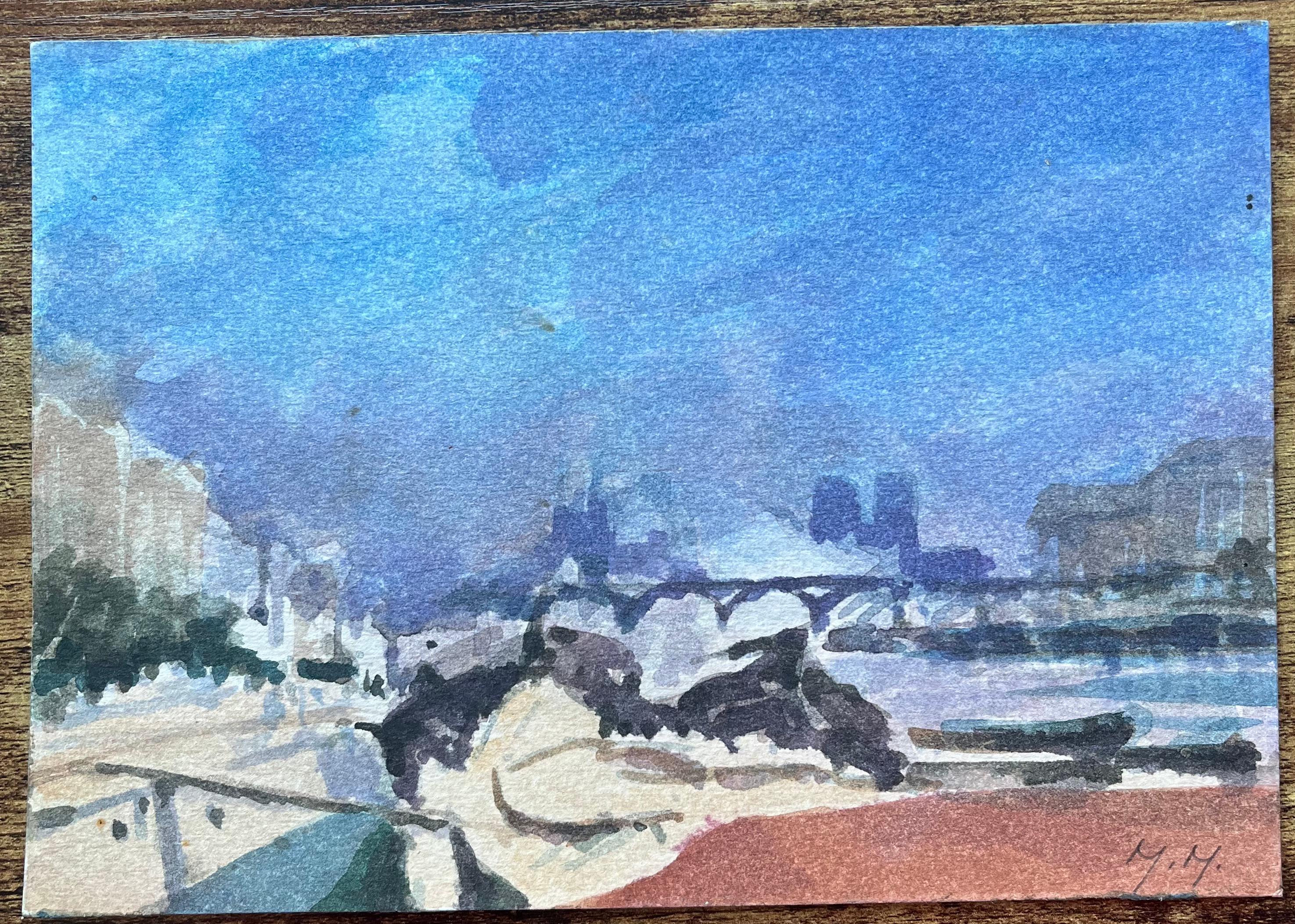 Title: French Impressionist Watercolor of Parisian Riverside with Bridge and Skyline
By Maurice Mazeilie (French 1924-2021)
Medium: Watercolor on paper, unframed
Size: 7 x 10 inches (Height x Width)
Signed: Bottom Right
Condition: Good, with signs
