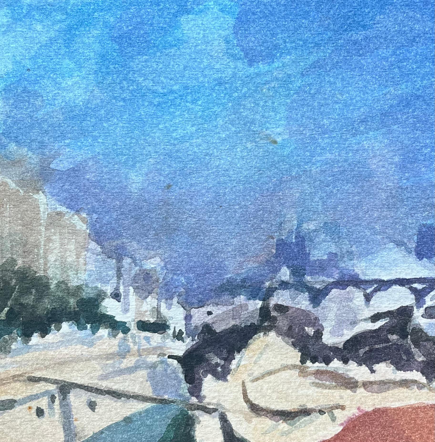 French Impressionist Watercolor of Parisian Riverside with Bridge and Skyline For Sale 1