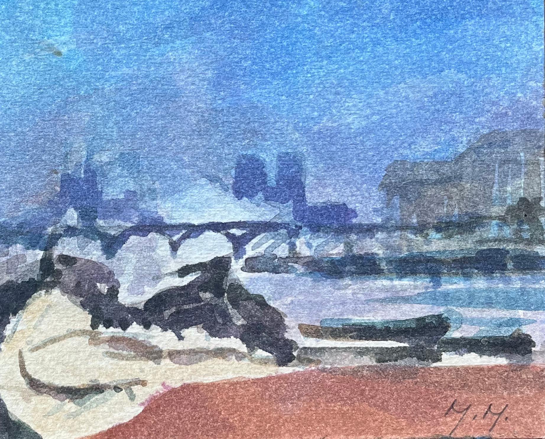French Impressionist Watercolor of Parisian Riverside with Bridge and Skyline For Sale 2
