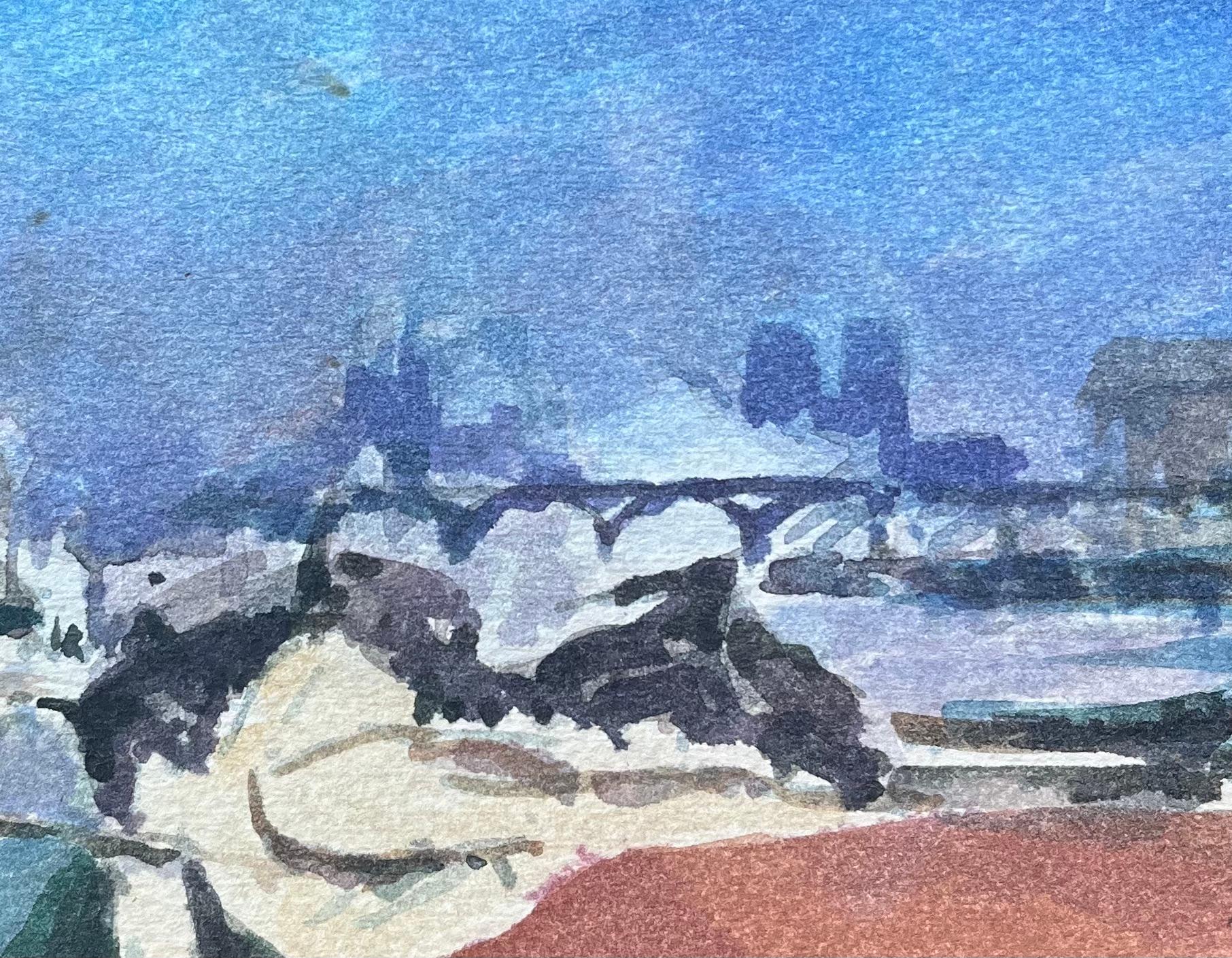 French Impressionist Watercolor of Parisian Riverside with Bridge and Skyline For Sale 3