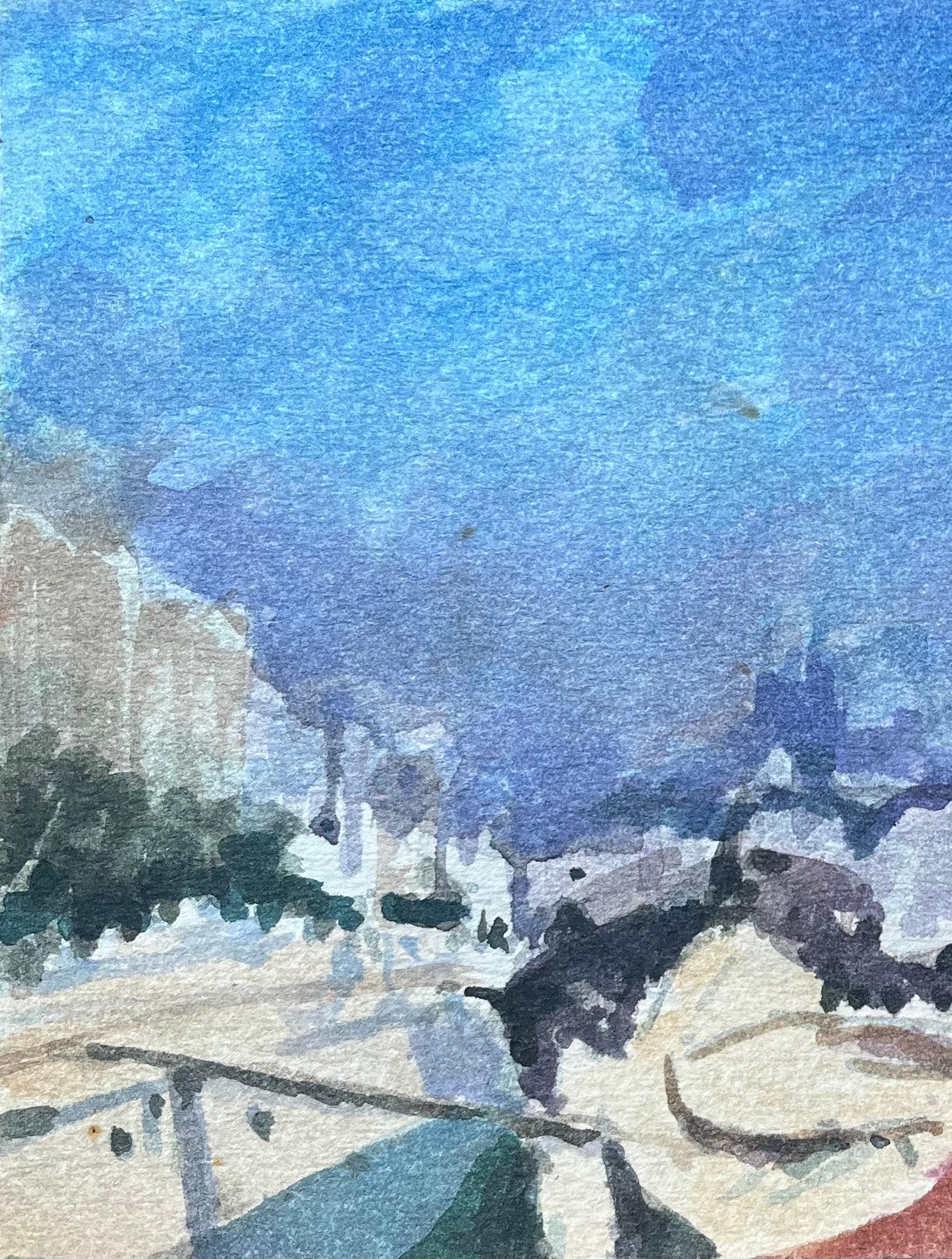 French Impressionist Watercolor of Parisian Riverside with Bridge and Skyline For Sale 4