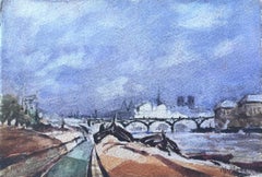 Aquarelle impressionniste française de la rive parisienne avec la Silhouette de Notre-Dame