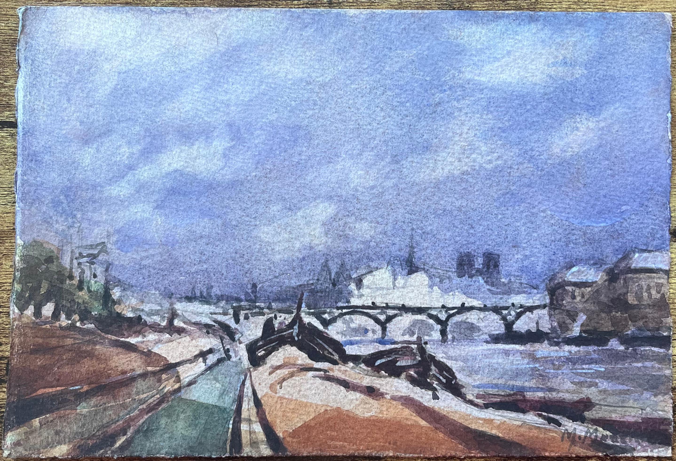 Acquerello impressionista francese di un lungofiume parigino con la silhouette di Notre-Dame - Art Impressionismo di Maurice Mazeilie