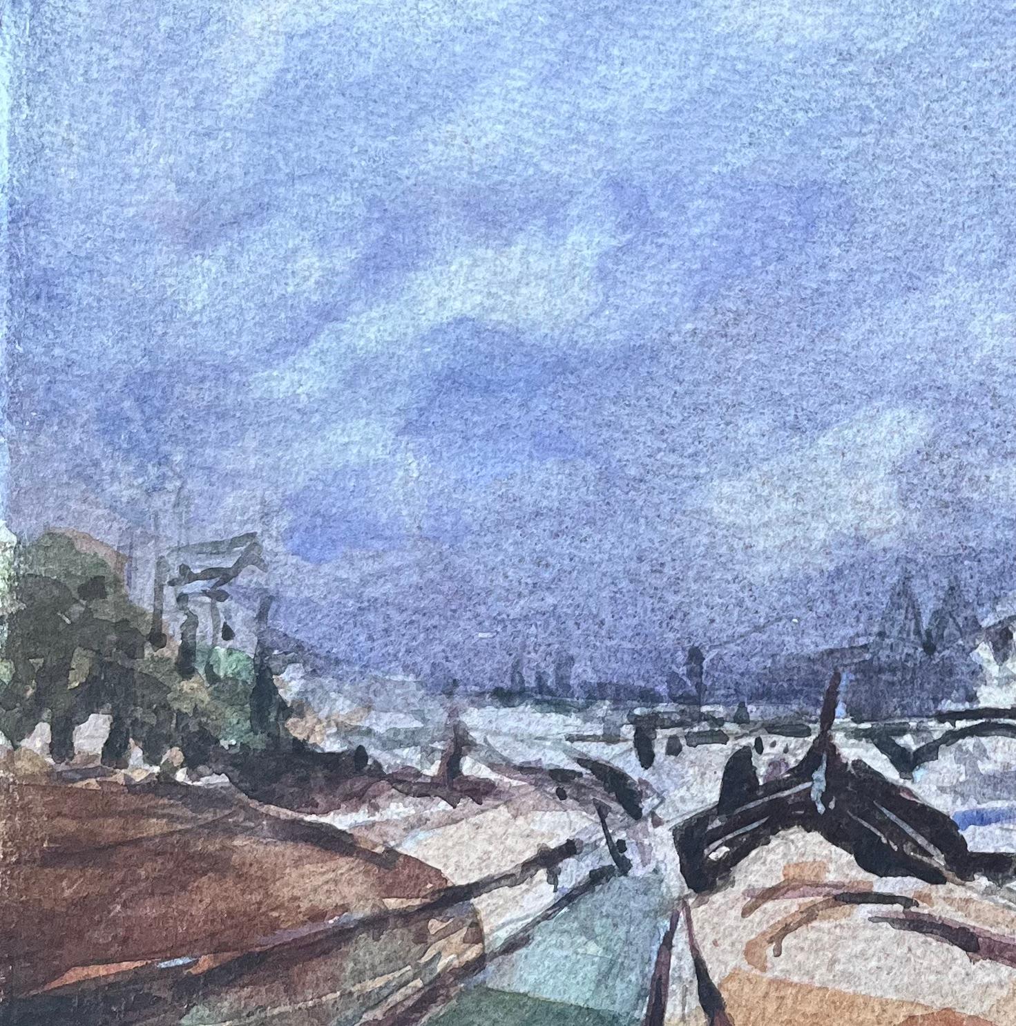 Titolo: Acquerello impressionista francese di un lungofiume parigino con la silhouette di Notre-Dame
Di Maurice Mazeilie (francese 1924-2021)
Medium: Acquerello su carta, senza cornice
Dimensioni: 7,5 x 11 pollici (altezza x larghezza)
Firmato: In