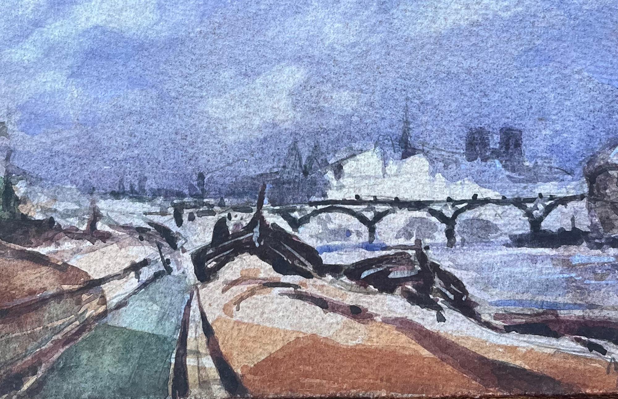 Acquerello impressionista francese di un lungofiume parigino con la silhouette di Notre-Dame in vendita 1
