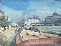 Impressionist Watercolor of Parisian Riverside with Notre-Dame in the Distance