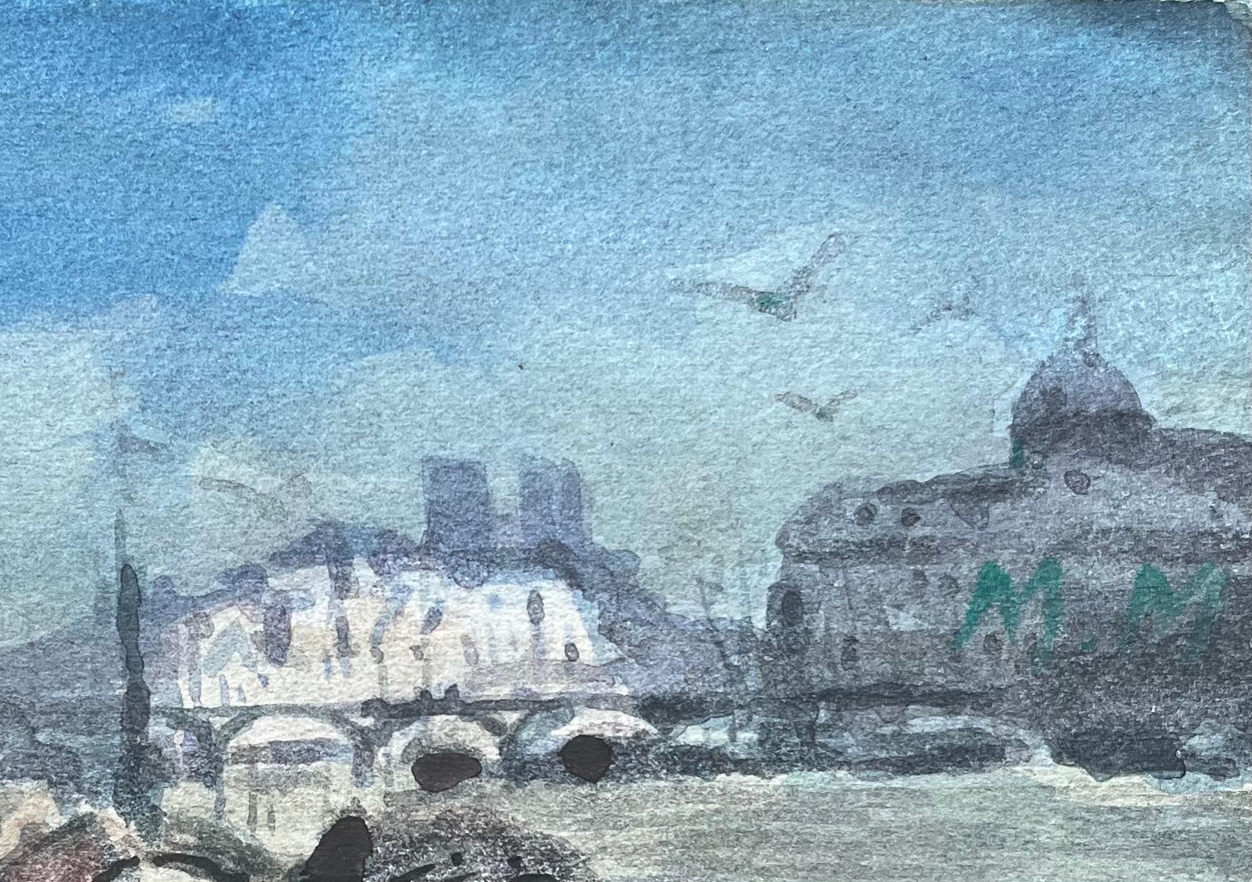 Acquerello impressionista di un lungofiume parigino con Notre-Dame in lontananza - Art Impressionismo di Maurice Mazeilie