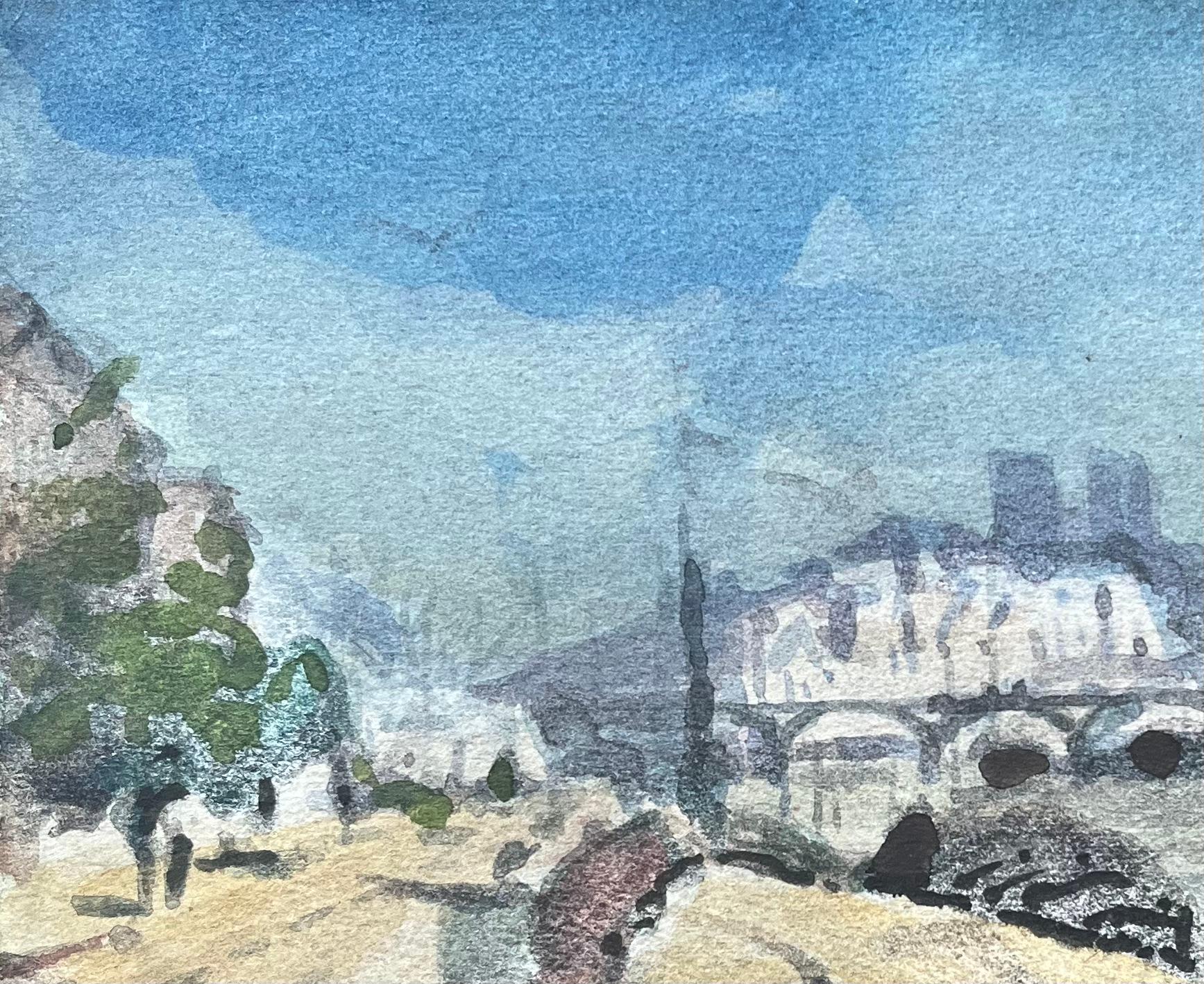 Acquerello impressionista di un lungofiume parigino con Notre-Dame in lontananza - Landscape Art Grigio di Maurice Mazeilie