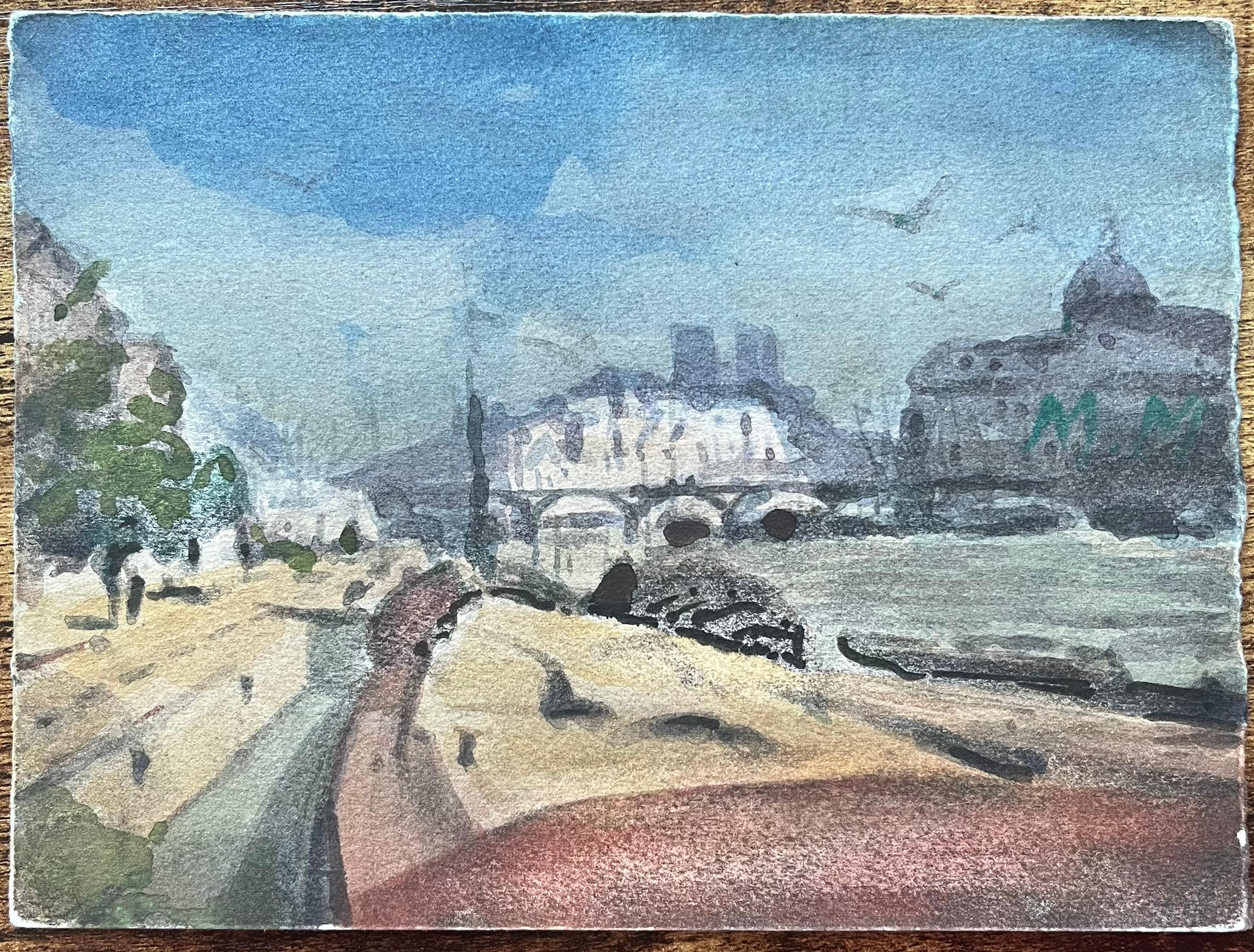 Acquerello impressionista di un lungofiume parigino con Notre-Dame in lontananza - Art di Maurice Mazeilie