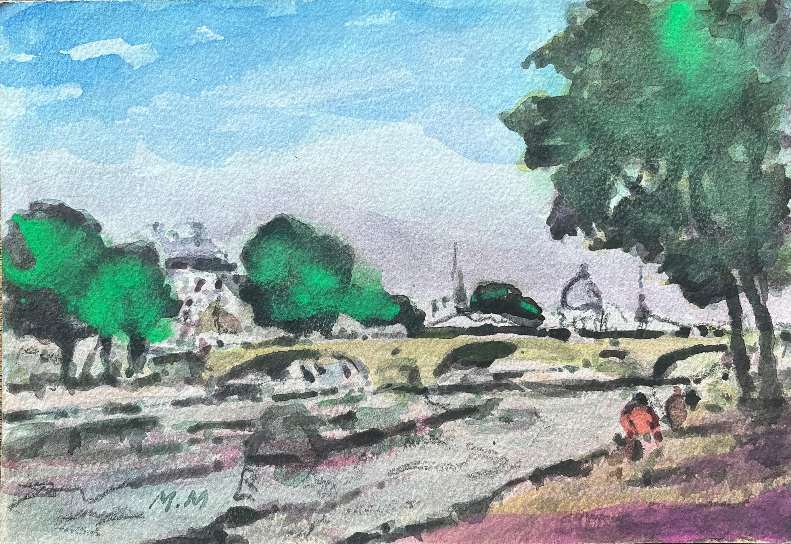 Französisches impressionistisches Aquarell der Pariser Flussufersszene mit Brücke, im Impressionismus
