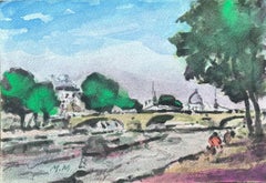 Aquarelle impressionniste française d'une scène de bord de rivière parisienne avec pont