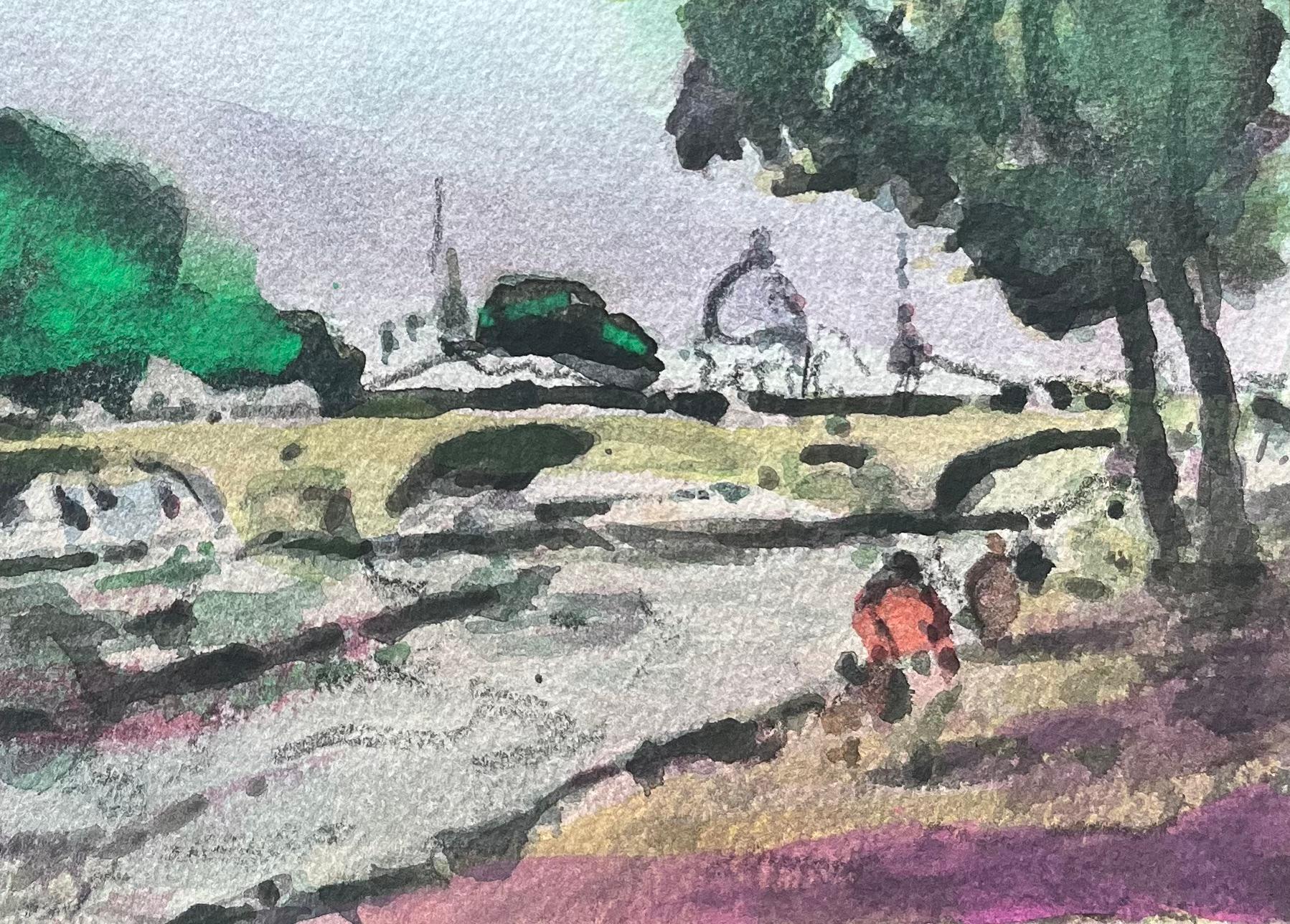French Impressionist Watercolor of Parisian Riverside Scene with Bridge For Sale 2