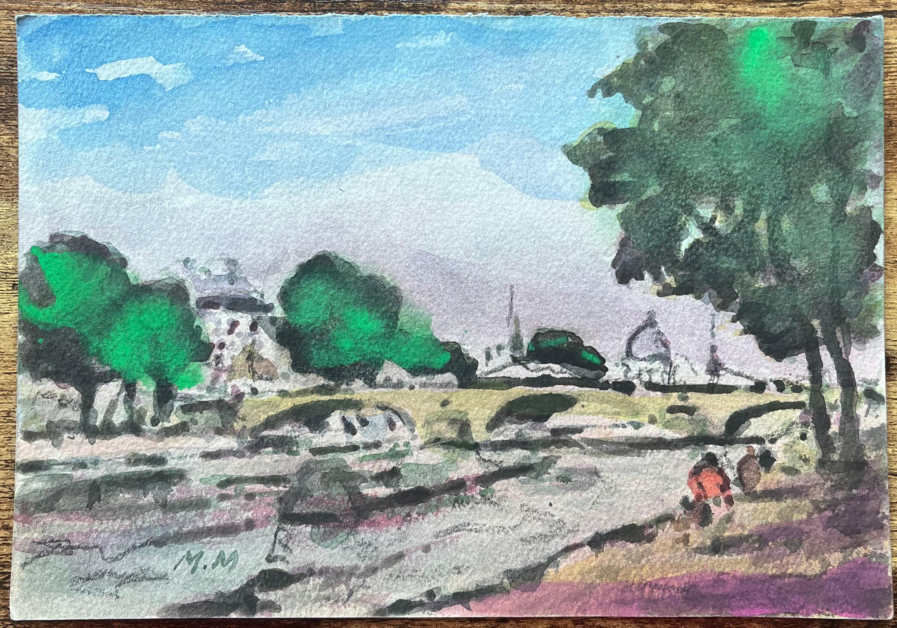 Title: French Impressionist Watercolor of Parisian Riverside Scene with Bridge
By Maurice Mazeilie (French 1924-2021)
Medium: Watercolor on paper, unframed
Size: 7 x 10.25 inches (Height x Width)
Signed: Bottom Left
Condition: Good, with signs on