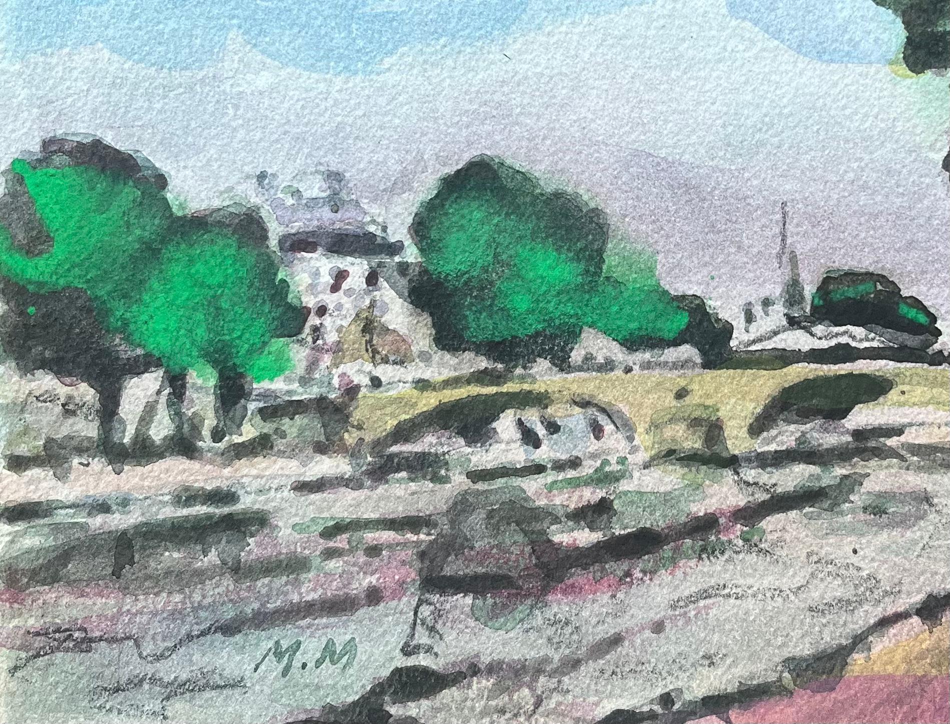 French Impressionist Watercolor of Parisian Riverside Scene with Bridge For Sale 3