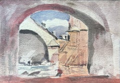 Aquarelle impressionniste française d'une vue d'une arche parisienne