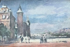 Acquerello impressionista francese di Torri sul fiume a Parigi