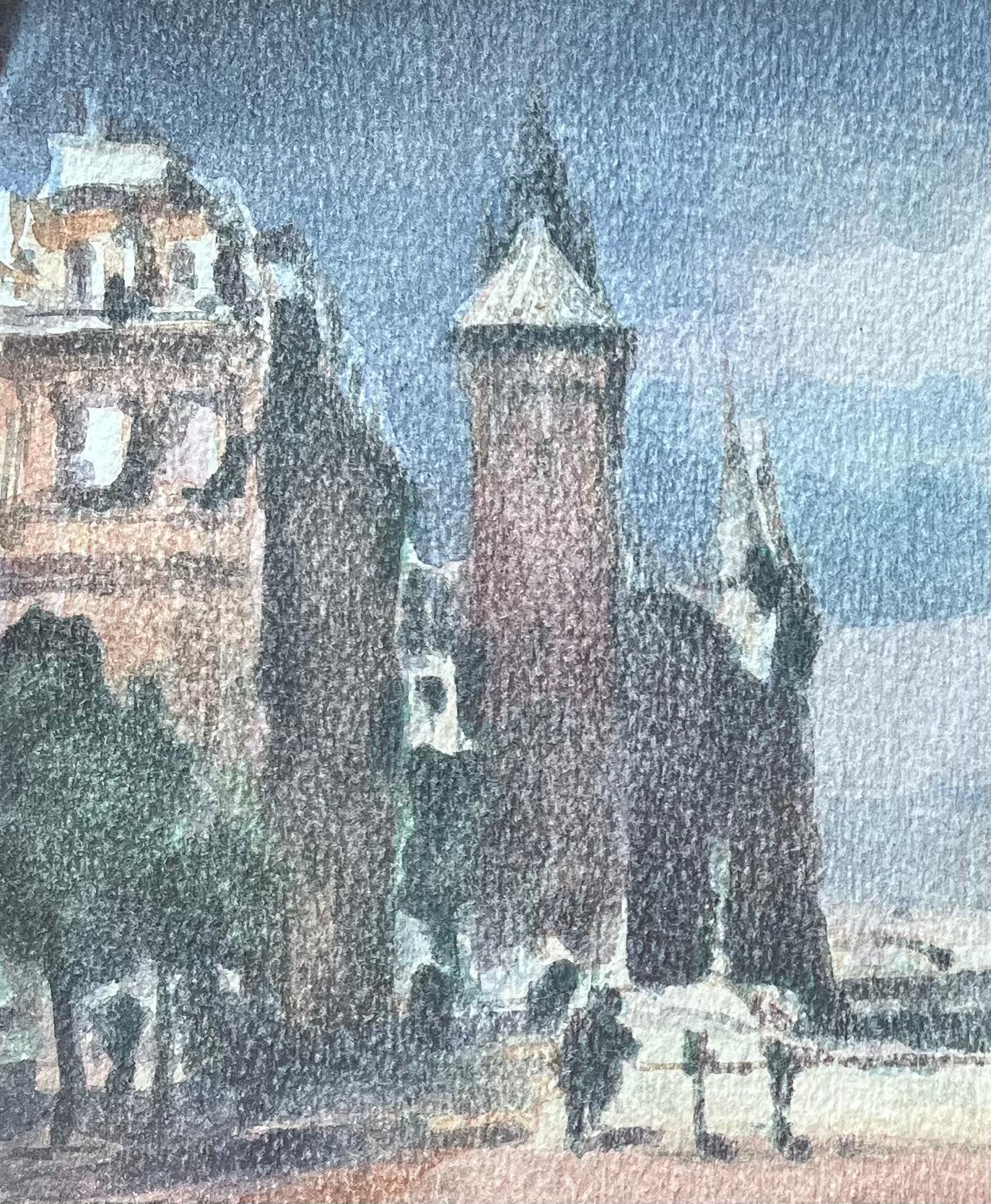 Aquarelle impressionniste française représentant des tours par la rivière à Paris - Impressionnisme Art par Maurice Mazeilie