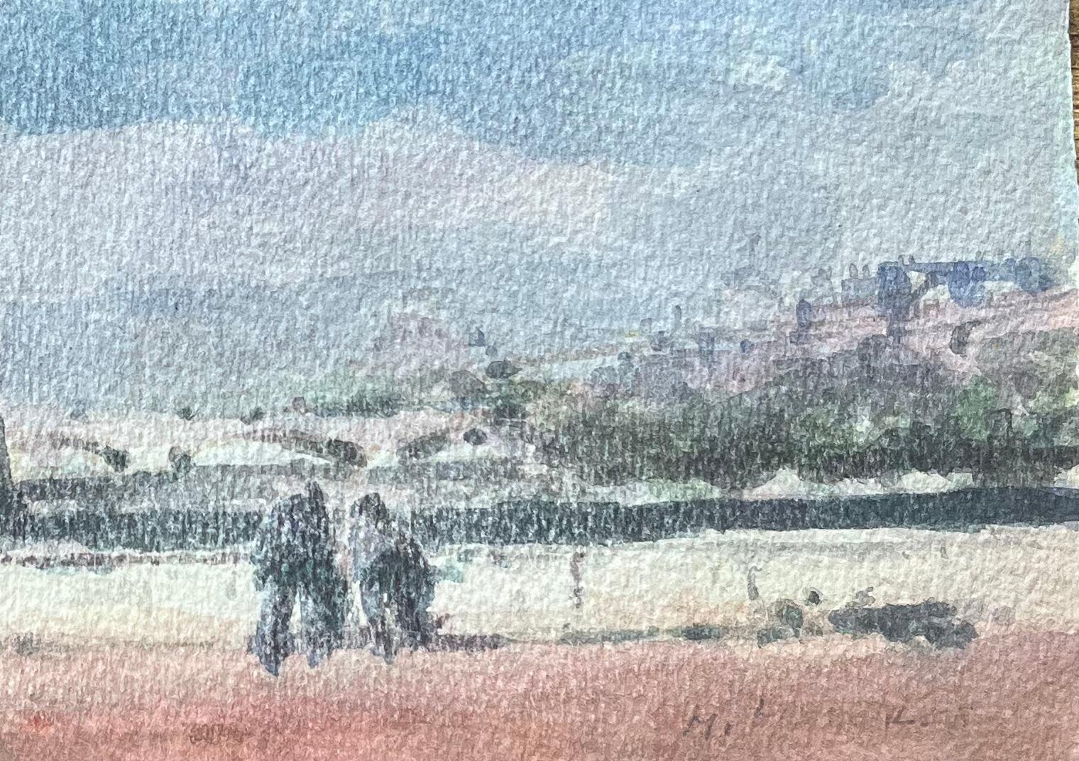 Aquarelle impressionniste française représentant des tours par la rivière à Paris - Gris Landscape Art par Maurice Mazeilie