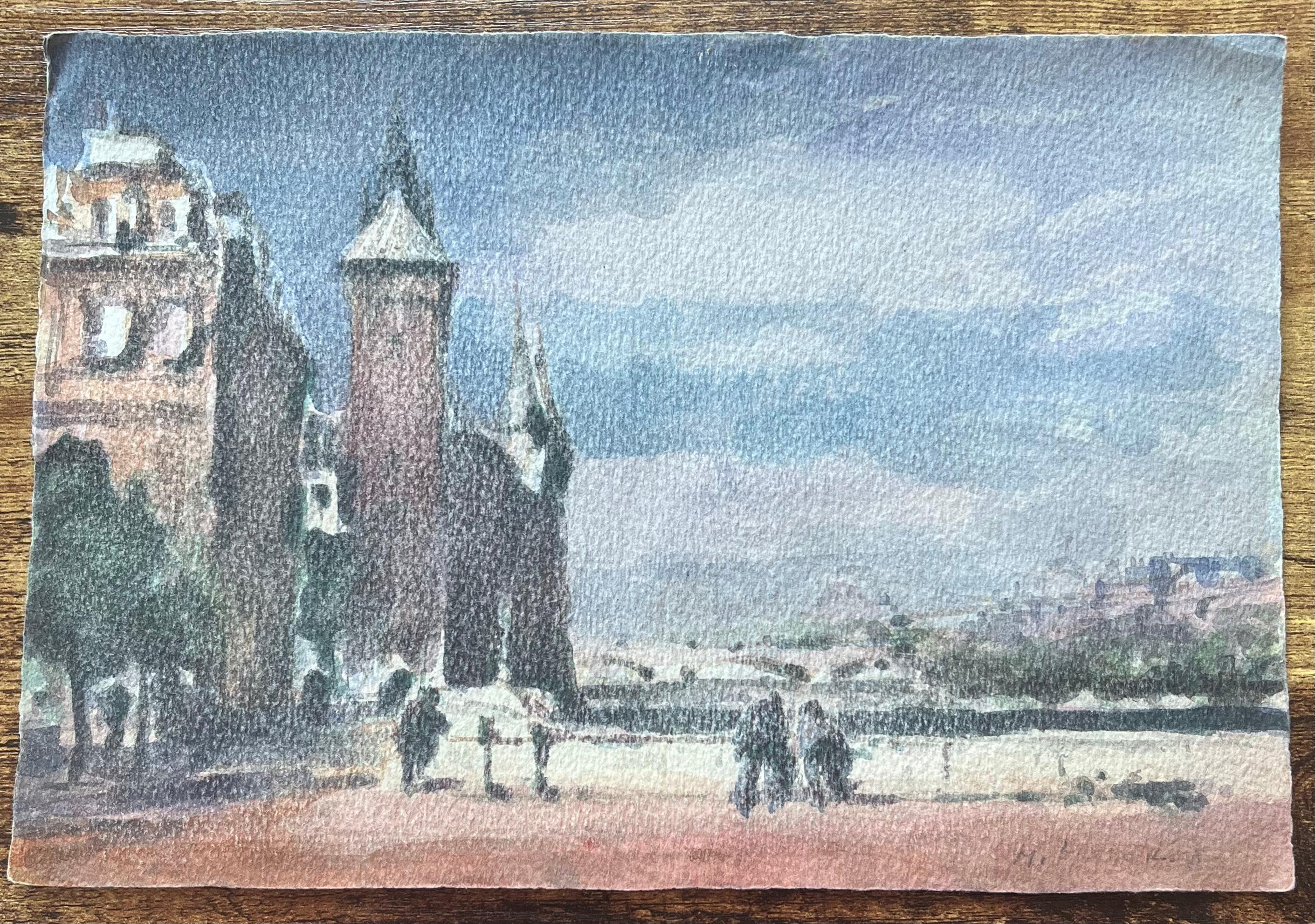 Aquarelle impressionniste française représentant des tours par la rivière à Paris - Art de Maurice Mazeilie
