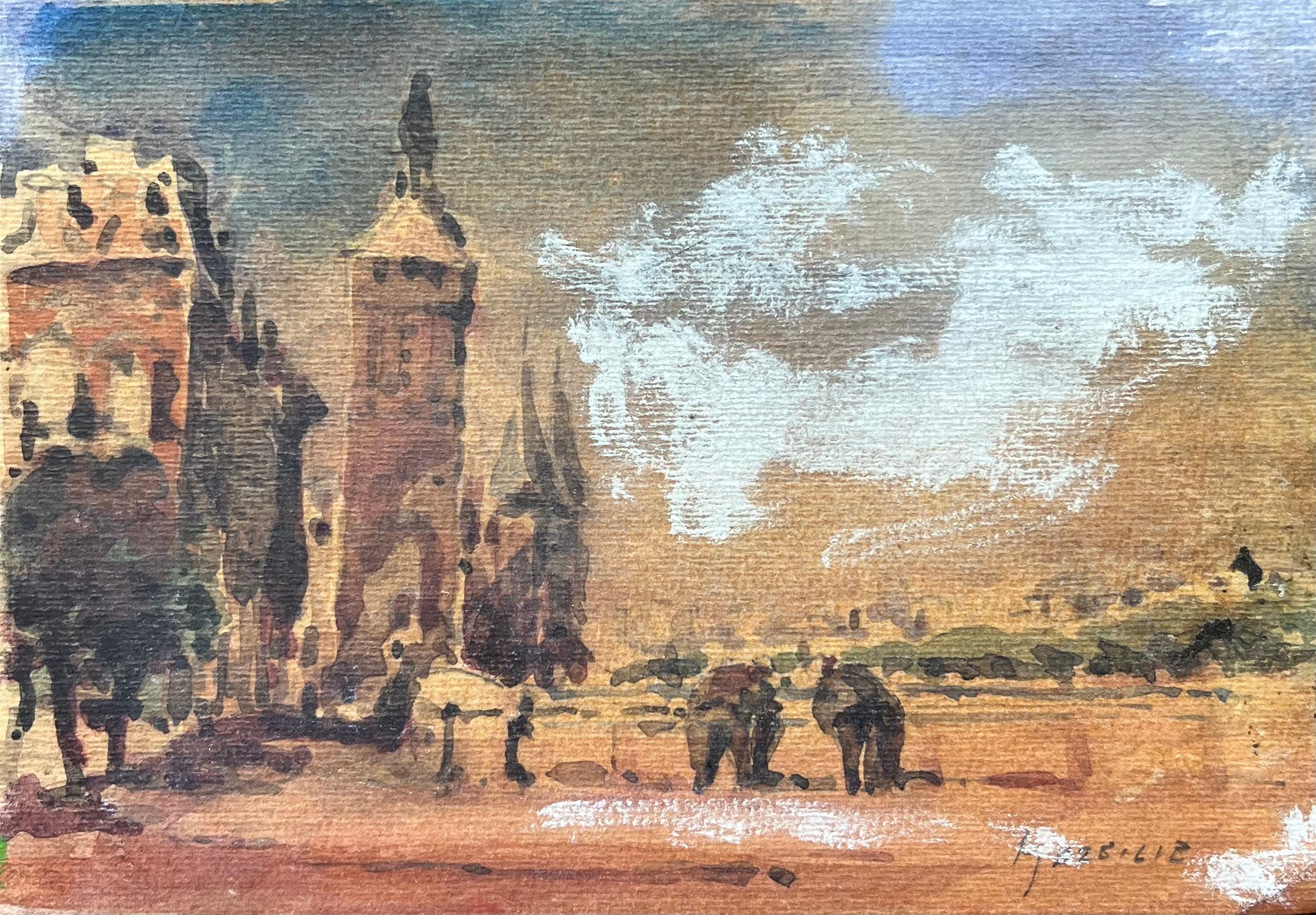 Acuarela impresionista francesa de Torres junto al río en París al atardecer